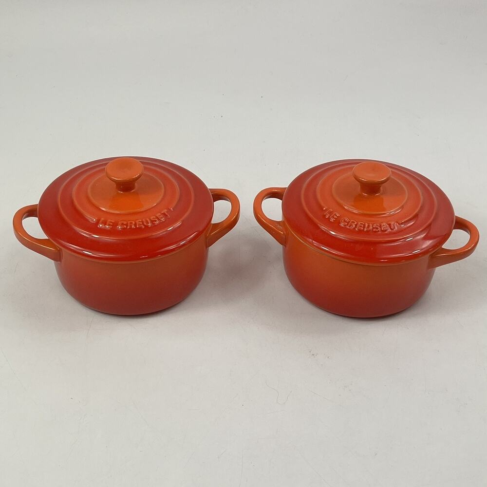 Le Creuset Mini Round Cocottes x2 Flame Orange Stoneware French Onion Soup Bowls
